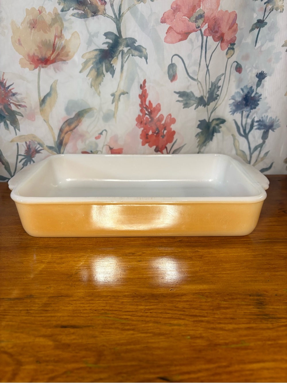 Fire King Peach-Orange Glass Rectangular Baking Dish with White Interior